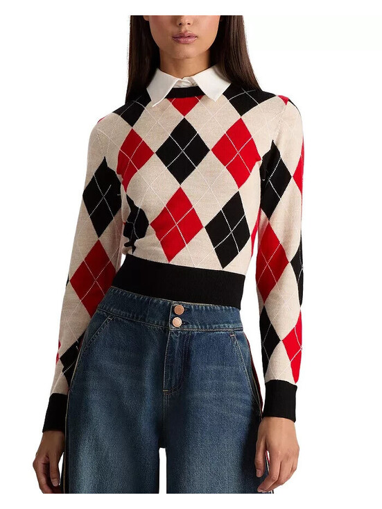 Tops - NEW, Alice + Olivia Carolann Collared Cropped Argyle Sweater Sz S/P #S7710